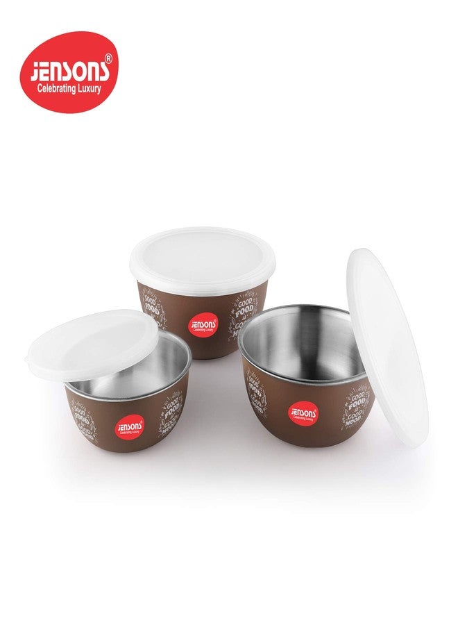 JENSONS Stainless Steel Microwave Safe Floral Bowl Set with Lid (Brown) - 3 Pcs - Image 5